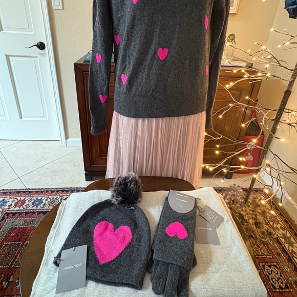 Philosophy Charcoal Heart Sweater + Hannah Rose 100% Cashmere Hat & Gloves (NWT) - Picture 5 of 10